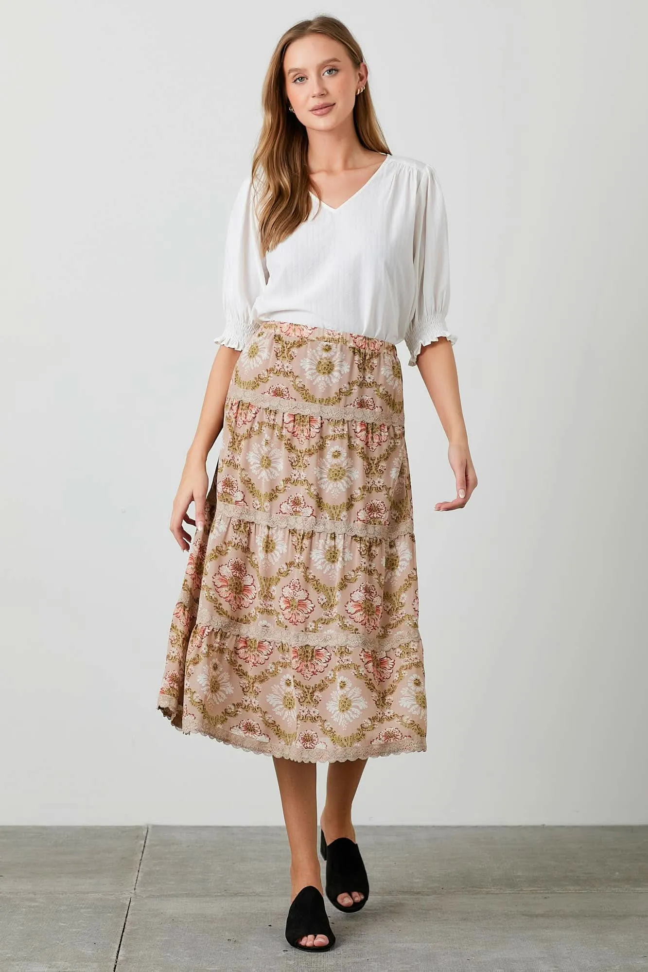 Taupe Print Lace Trim Skirt