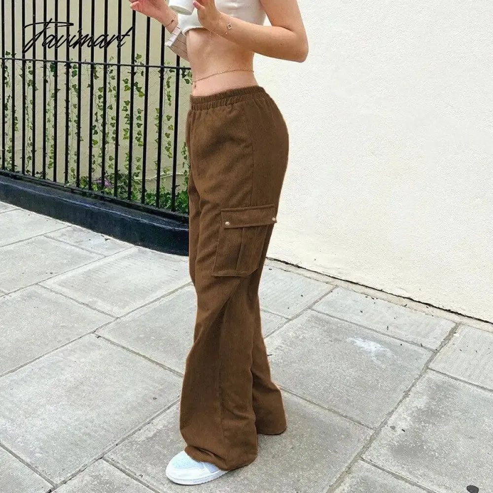 Tavimart Y2K Low Rise Pants With Utility Pocket Brown Corduroy Trousers Women Grunge Aesthetic Streetwear