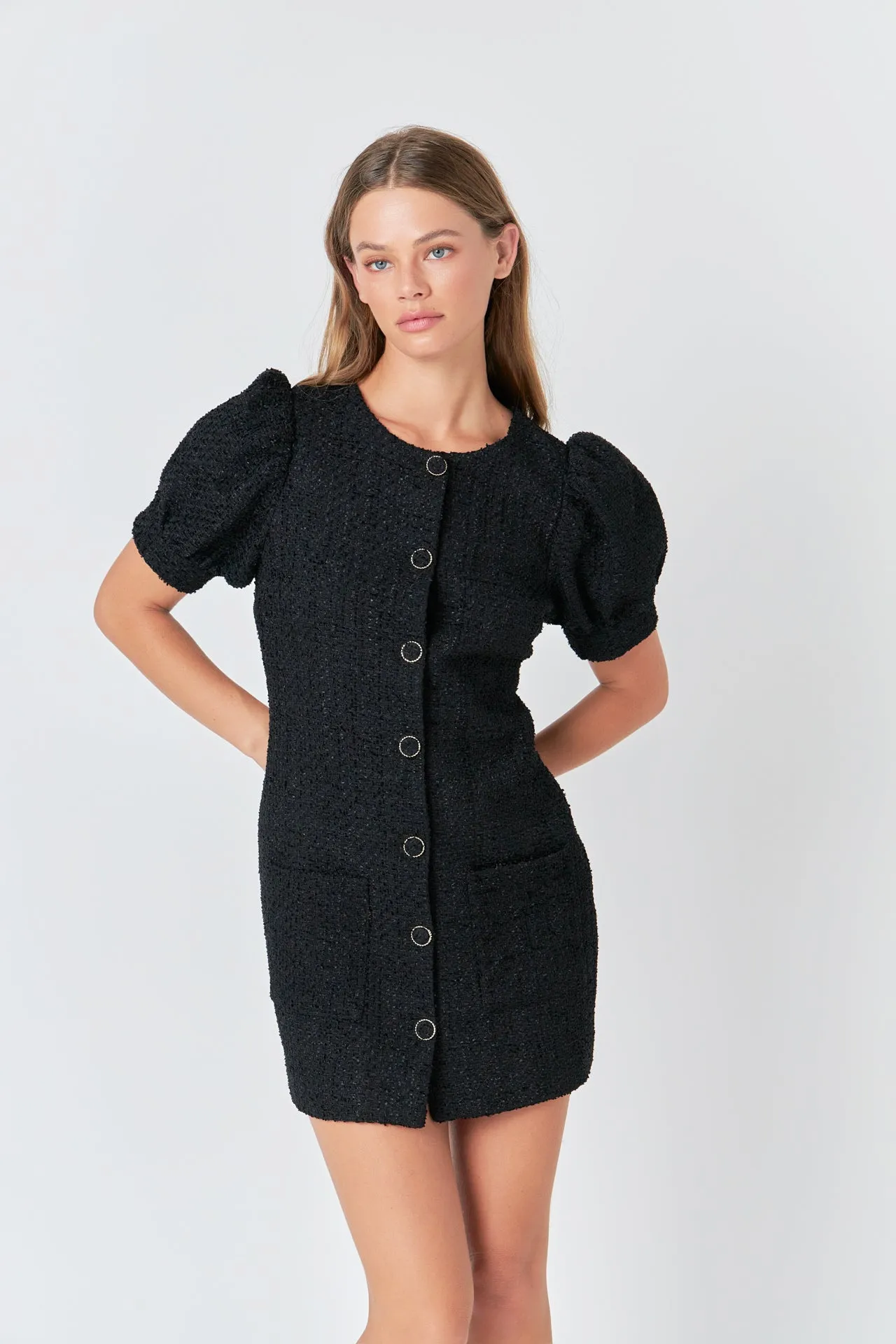 Tweed Puff Sleeve Mini Dress