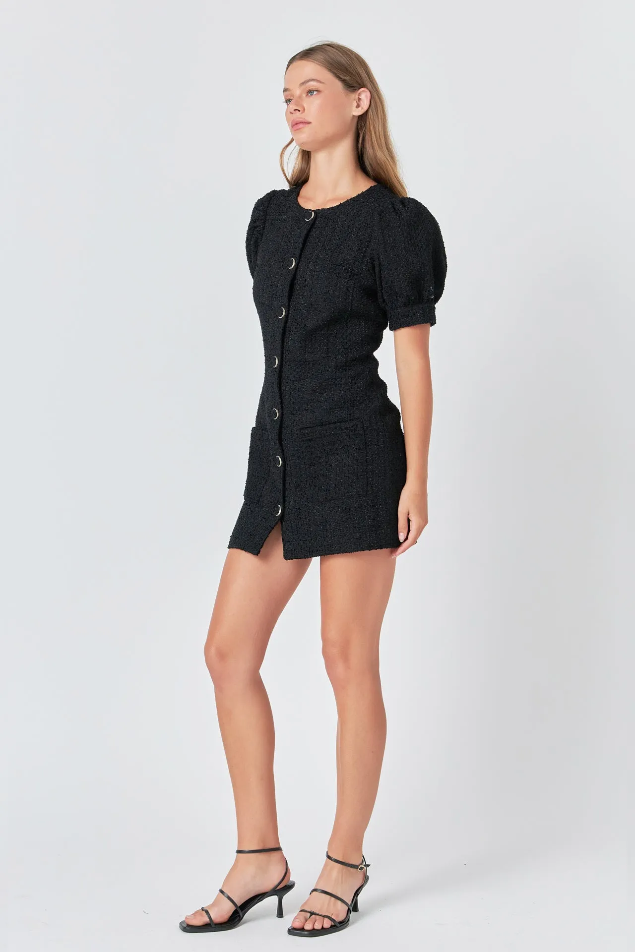 Tweed Puff Sleeve Mini Dress