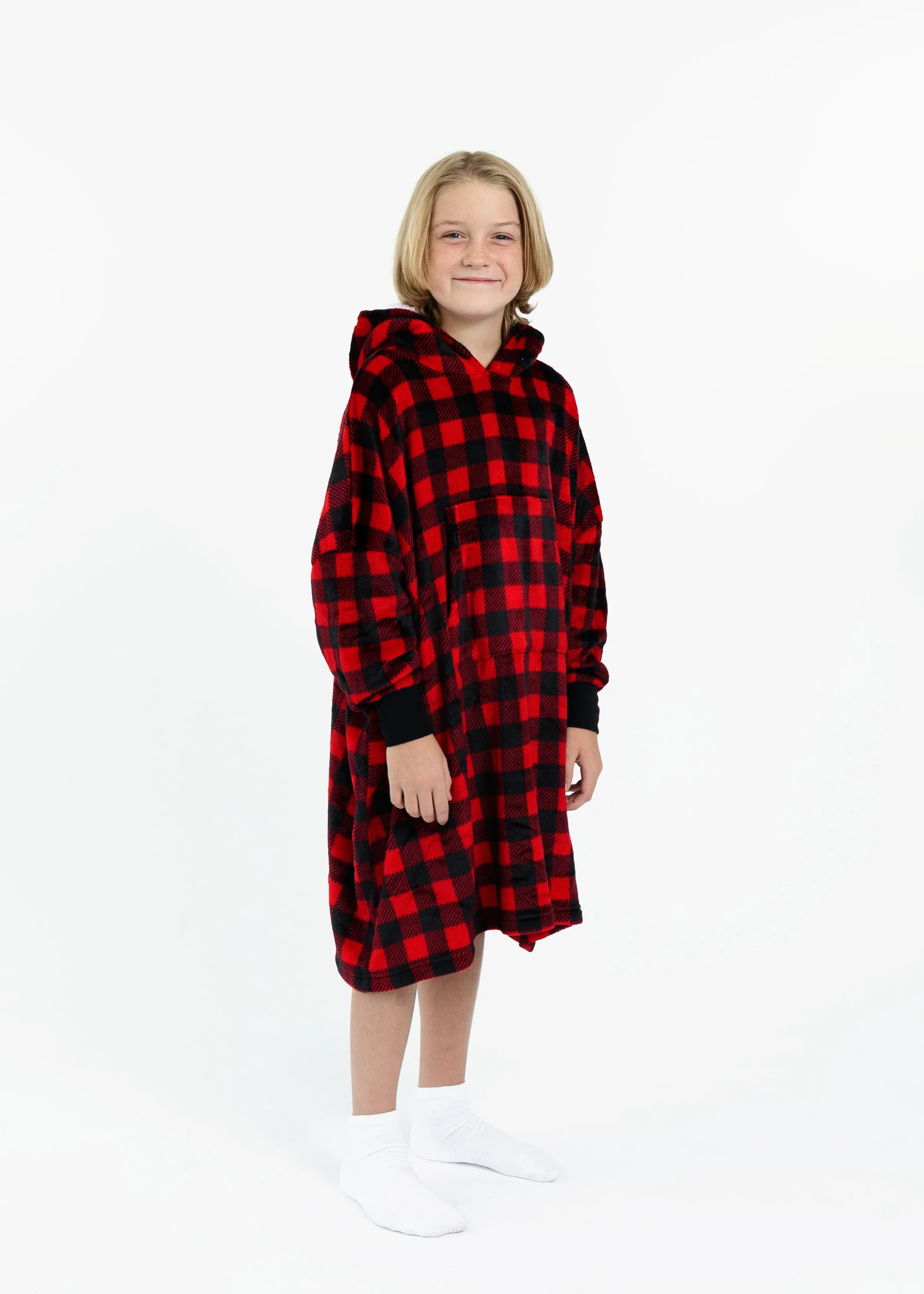 Unisex Red Plaid Wearable Cozy Fleece Blanket Hoodie