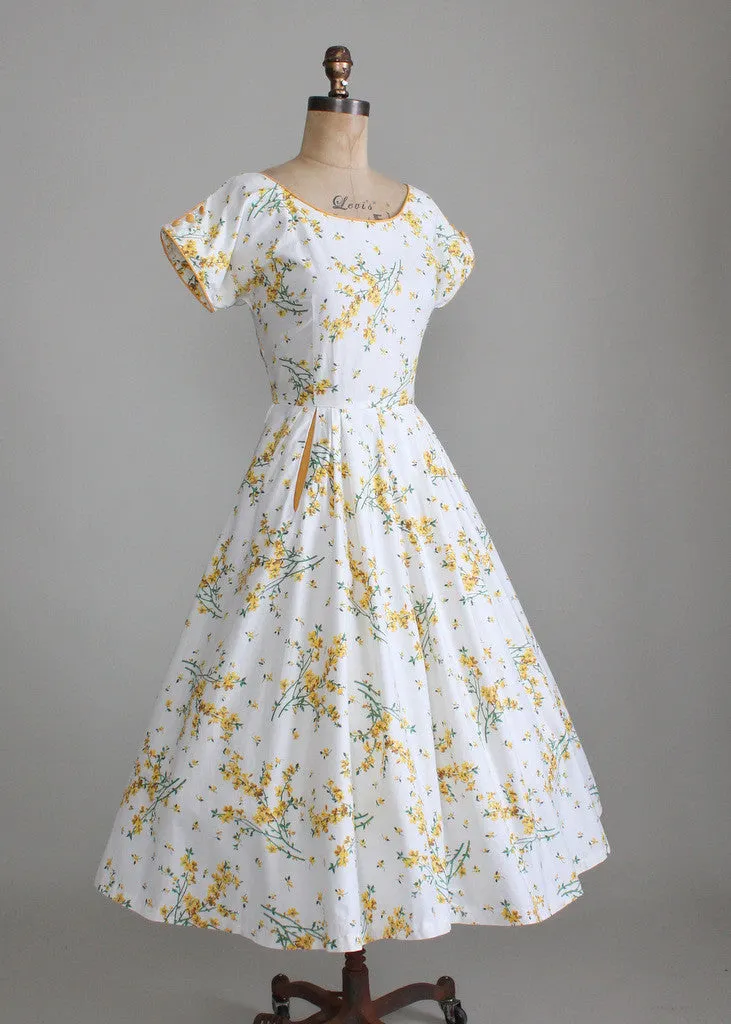 Vintage 1950s Goldenrods and Rhinestones Cotton Dress