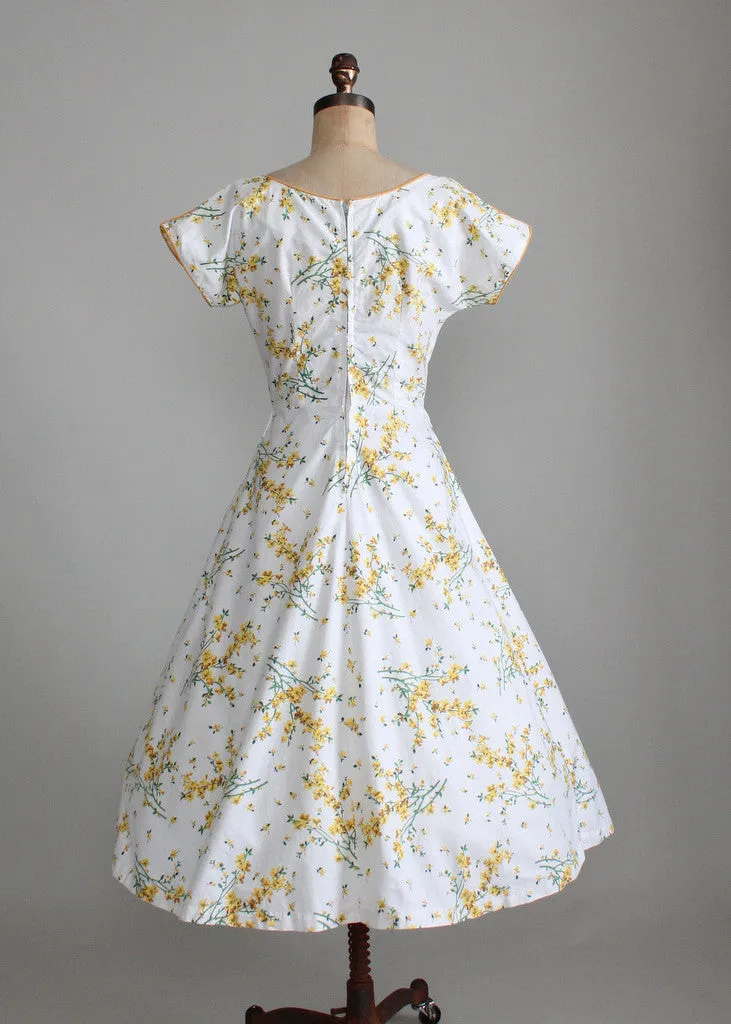 Vintage 1950s Goldenrods and Rhinestones Cotton Dress