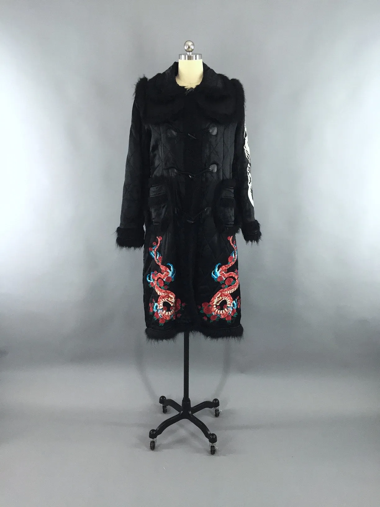 Vintage Black Satin Quilted Coat / Embroidered Dragons