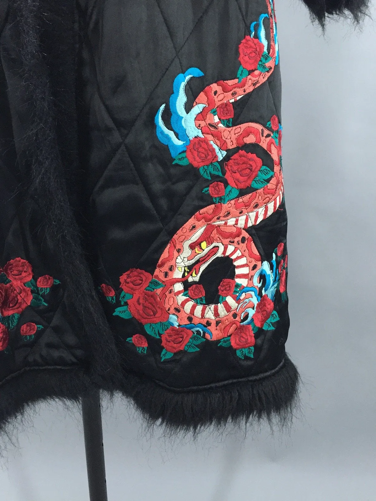 Vintage Black Satin Quilted Coat / Embroidered Dragons