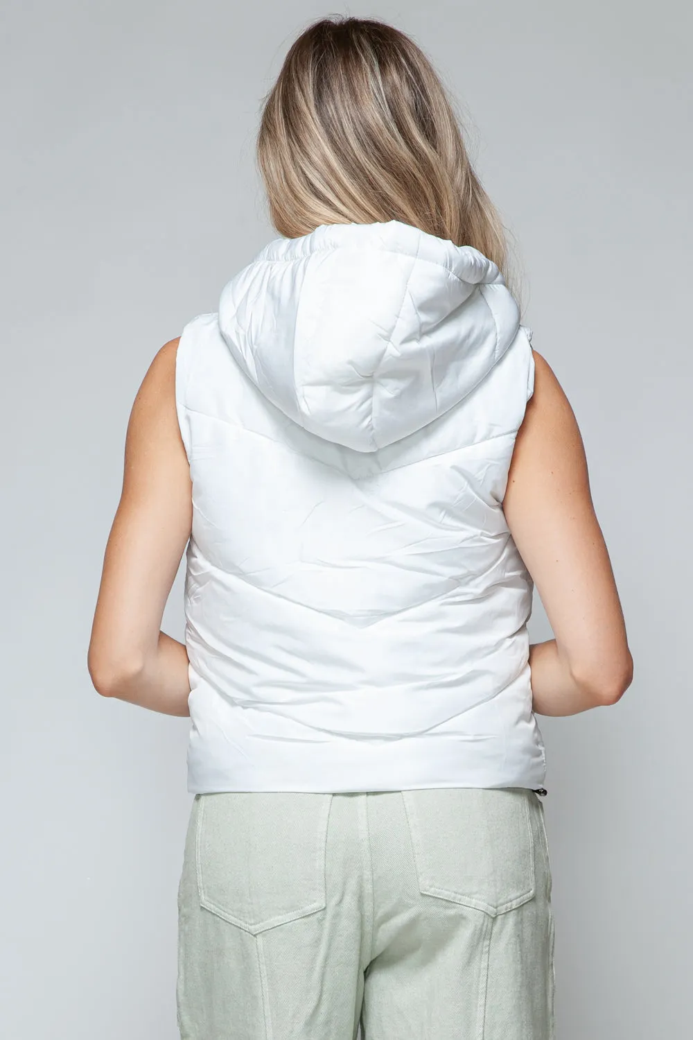 White Puffy Sleeveless Jacket New Women's Fashion Zip Up Quilted Hooded Vest