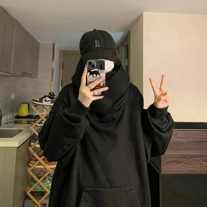 Wiaofellas  -  Harajuku High Collar Loose Hoodie Spring Hip Hop Sweatshirt Hooded Baggy Fashion Streetwear Black/Gray Long Sleeve Men Hoodies