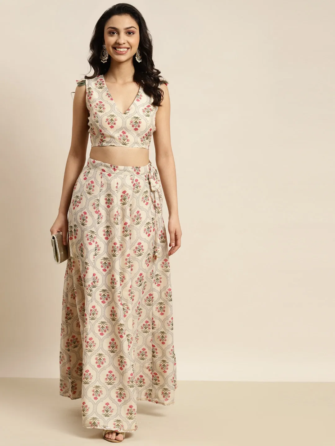 Women Beige Chanderi Mughal Floral Anarkali Skirt