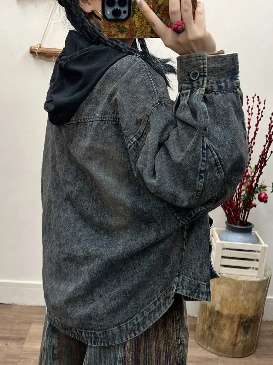 Women Spring Retro Irregular Patch Pocket Denim Coat