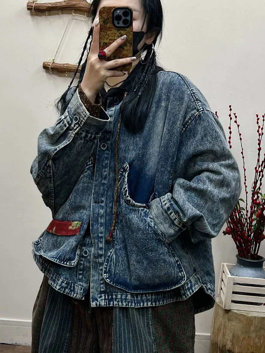 Women Spring Retro Irregular Patch Pocket Denim Coat