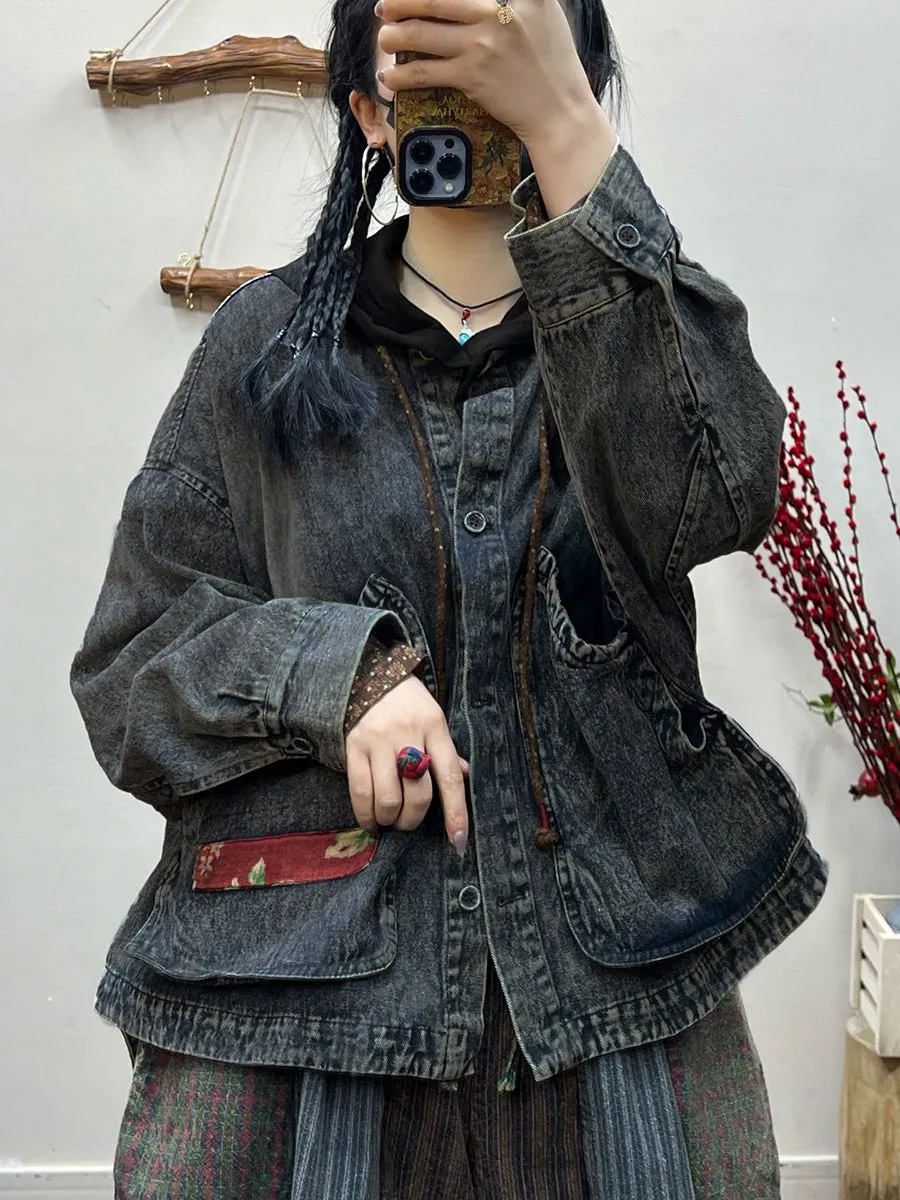 Women Spring Retro Irregular Patch Pocket Denim Coat