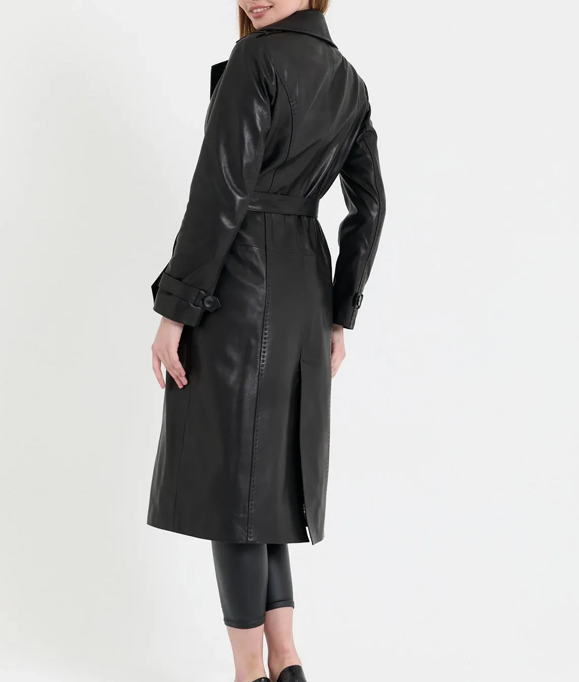 Women's Black Real Leather Trench Long Overcoat