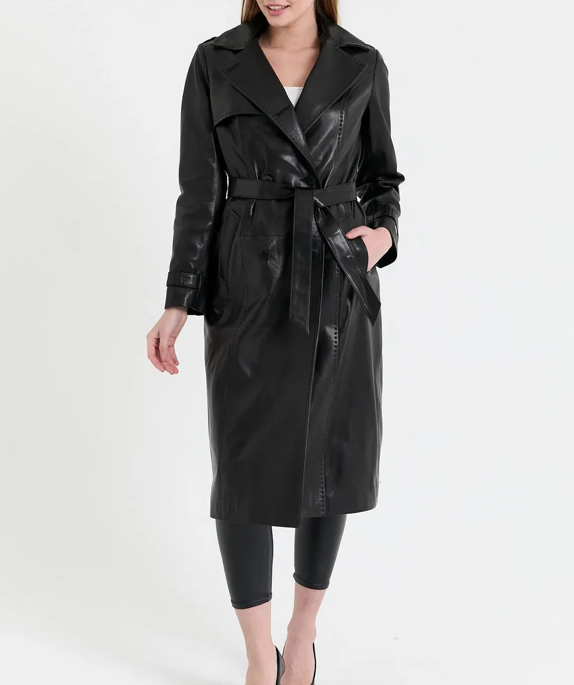 Women's Black Real Leather Trench Long Overcoat