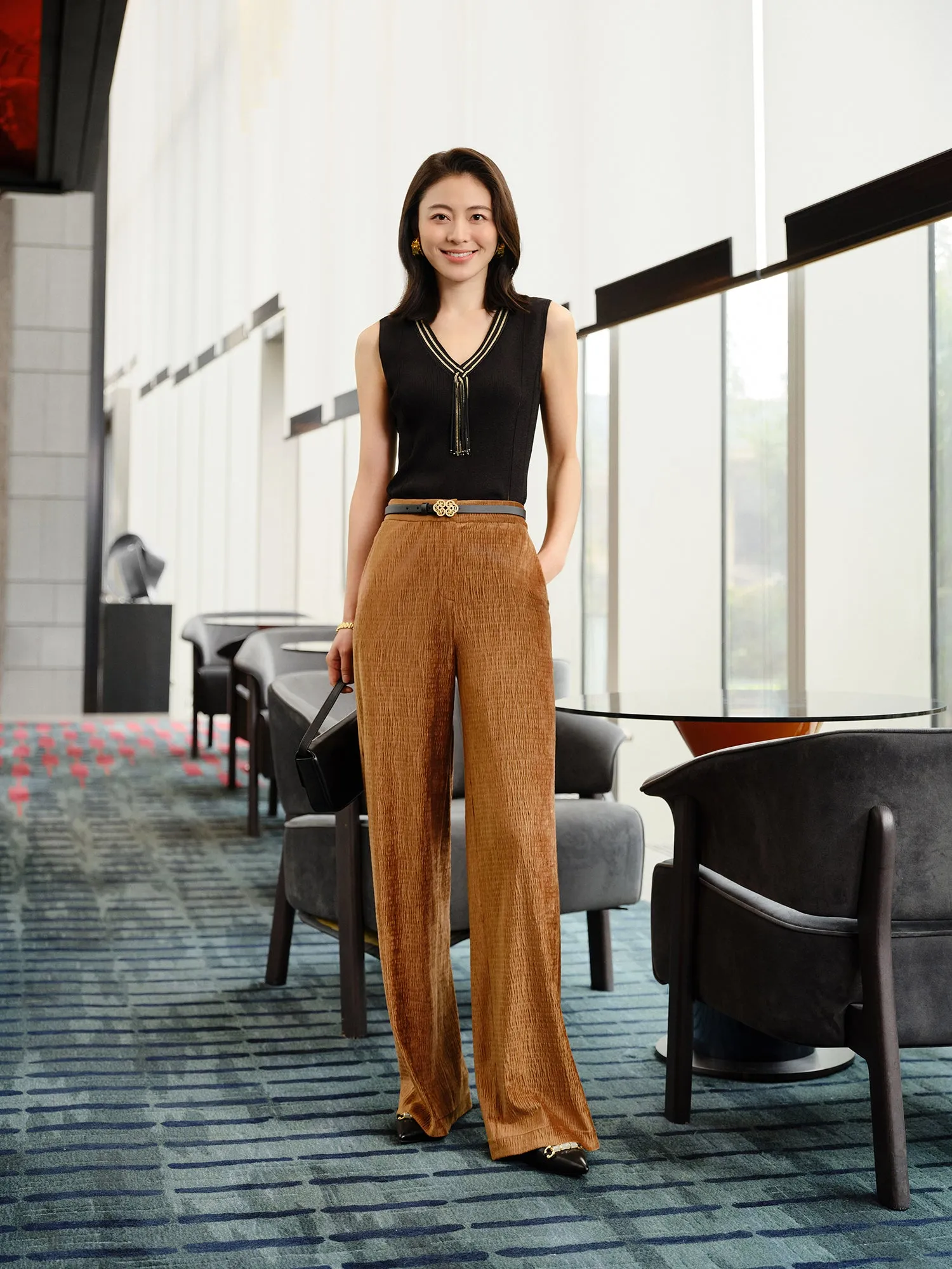 YAYING  Velvet Pleated Straight Pants